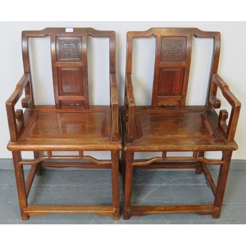 719 - A pair of Chinese Juzhou style jumu wood (southern elm) open sided armchairs with carved back panels... 