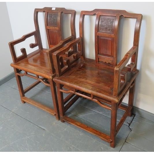 719 - A pair of Chinese Juzhou style jumu wood (southern elm) open sided armchairs with carved back panels... 