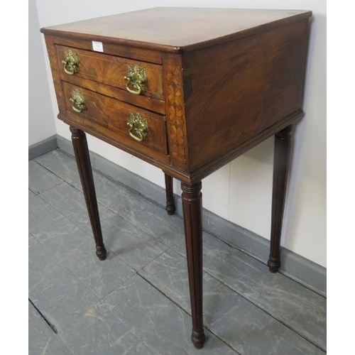 739 - A 19th century and later walnut side table housing two long drawers with brass swan neck handles, fl... 