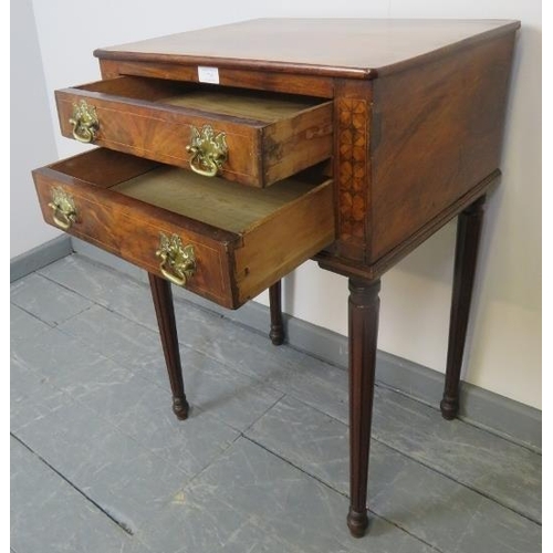 739 - A 19th century and later walnut side table housing two long drawers with brass swan neck handles, fl... 