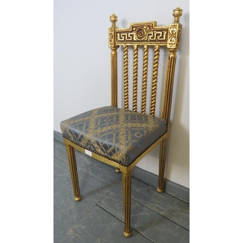 747 - A giltwood opera chair with barley twist spindles and Greek key backrest, upholstered in blue and go... 