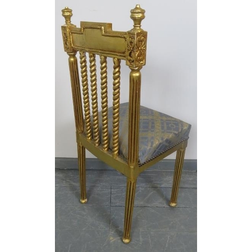 747 - A giltwood opera chair with barley twist spindles and Greek key backrest, upholstered in blue and go... 