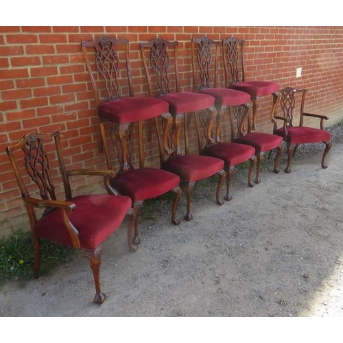 764 - A set of 10 (8+2) antique Chippendale revival dining chairs, upholstered in claret velvet, on cabrio... 