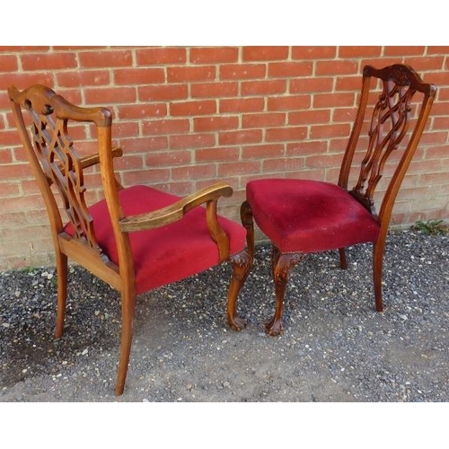 764 - A set of 10 (8+2) antique Chippendale revival dining chairs, upholstered in claret velvet, on cabrio... 