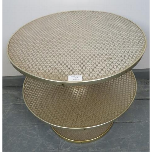 767 - An mid century style aluminium three tier serving table by Woodmet, featuring embossed hexagonal pat... 