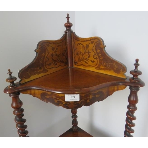 771 - A Victorian walnut four tier whatnot, featuring marquetry inlay and barley twist uprights with turne... 