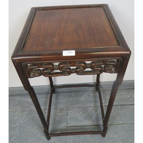 780 - An early 20th century Chinese rosewood occasional table/plant stand, with carved and pierced frieze ... 