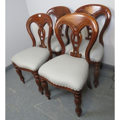 797 - A set of four Victorian mahogany balloon back dining chairs, reupholstered in light grey leather wit... 