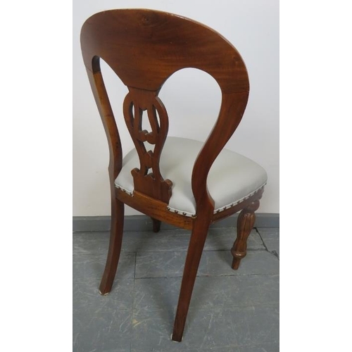 797 - A set of four Victorian mahogany balloon back dining chairs, reupholstered in light grey leather wit... 
