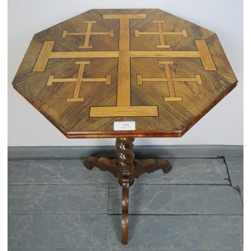 798 - A 19th century olivewood octagonal ‘Jerusalem’ table, the parquetry top inlaid with Jerusalem cross ... 