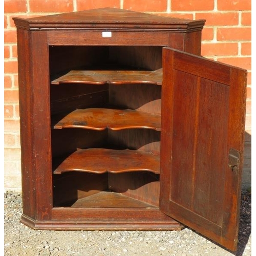 818 - A Georgian oak wall hanging corner cupboard with fielded panelled door and brass lock escutcheon, co... 