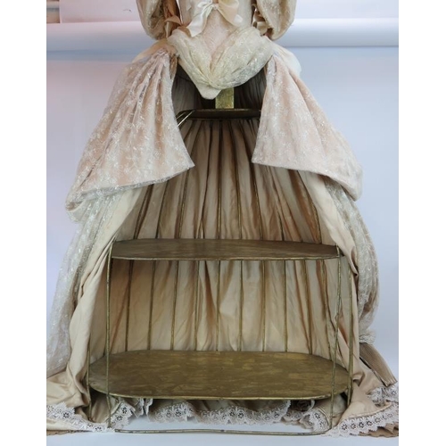 100A - A vintage 1960s Victorian style Crinoline mannequin shop display dummy with gilt metal display shelv... 