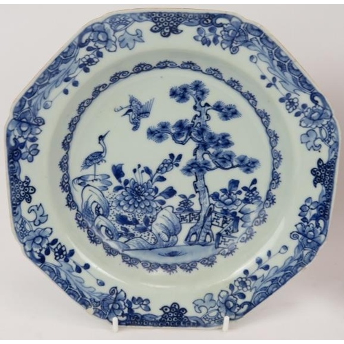 113 - Pair of antique Chinese porcelain octagonal dishes, late 18th/early 19th century decorated in blue a... 