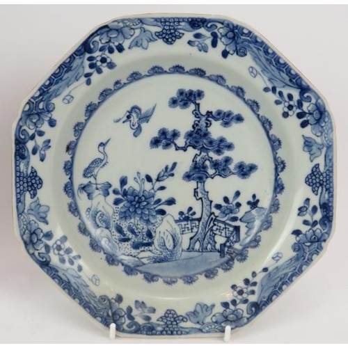 113 - Pair of antique Chinese porcelain octagonal dishes, late 18th/early 19th century decorated in blue a... 