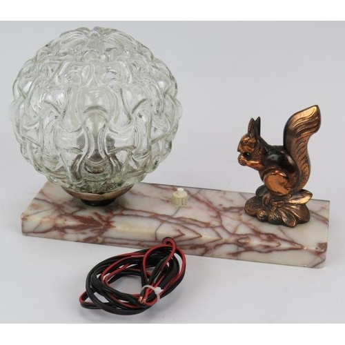 121 - A French Art Deco lamp featuring a coppered squirrel mounted on a marble base. Length 26cm. Height 1... 