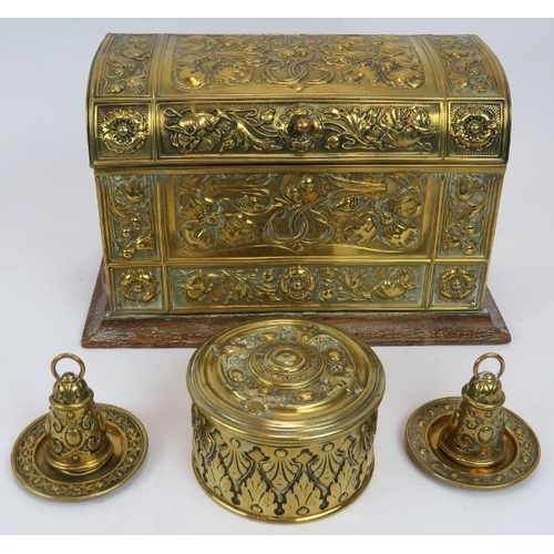 128 - An aesthetic movement brass desk stand and ink wells, a pair of Gothic brass candlesticks, Art Nouve... 