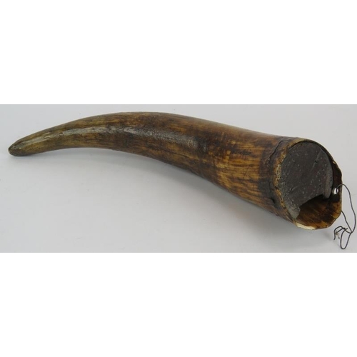 138 - A copper and silver plated hunting horn stamped 'R. S Essex' with maker's mark 'SC' and an antique c... 