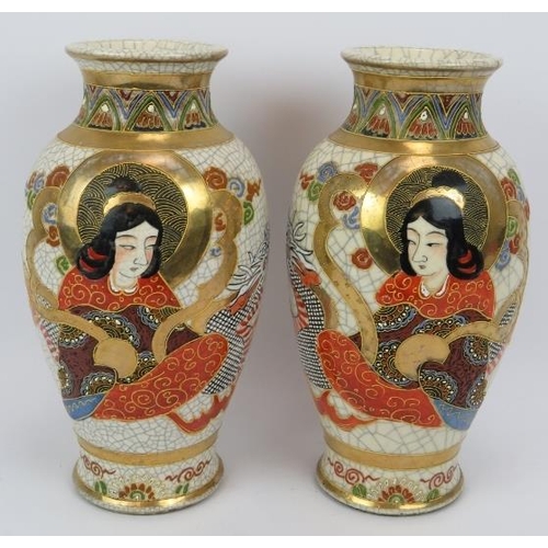 14 - A pair of decorative Japanese Satsuma style crackle glaze vases with dragon decoration. Both signed ... 