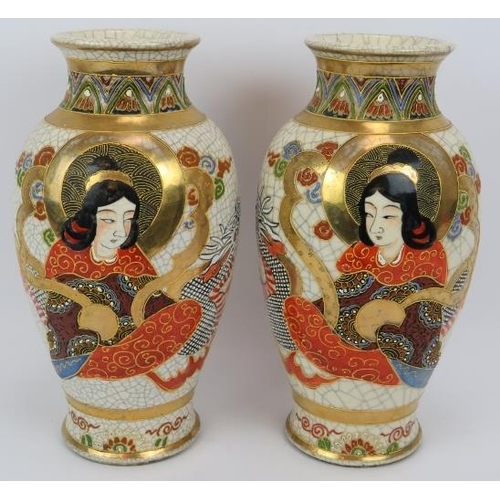 14 - A pair of decorative Japanese Satsuma style crackle glaze vases with dragon decoration. Both signed ... 