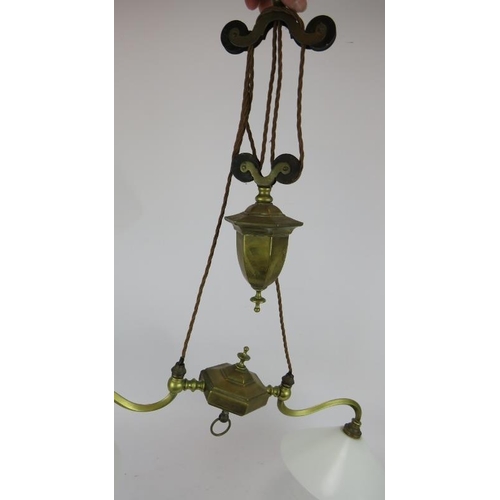 177 - A period two arm rise and fall ceiling light with opaline shades (+ 1 spare) and a brass Arts & Craf... 