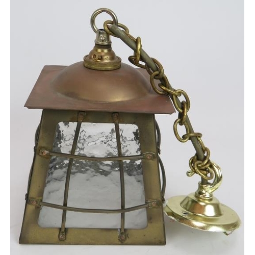 177 - A period two arm rise and fall ceiling light with opaline shades (+ 1 spare) and a brass Arts & Craf... 