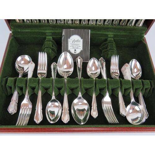 18 - A 52 piece 8 setting Butler of Sheffield silver plated canteen in cutlery of Dubarry pattern. 
Condi... 