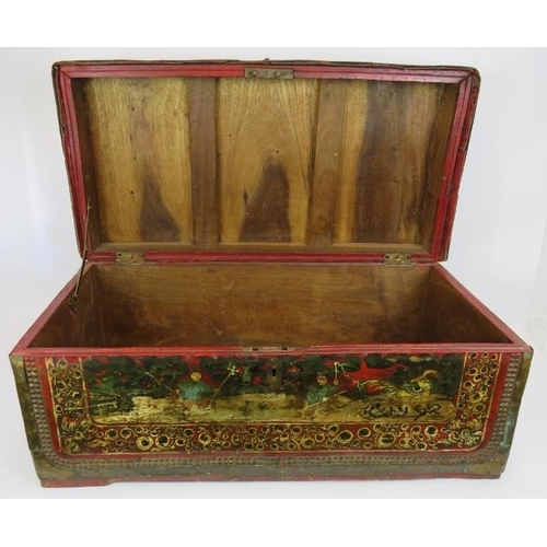 28 - A fine quality Chinese export painted leather trunk, 18th century and later. Hand decorated panels w... 