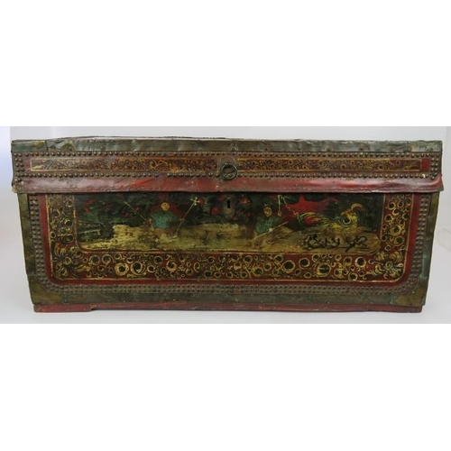 28 - A fine quality Chinese export painted leather trunk, 18th century and later. Hand decorated panels w... 