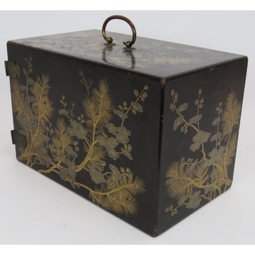 29 - A fine Japanese Meiji period lacquer calligrapher's chest of three drawers. The exterior ornately de... 