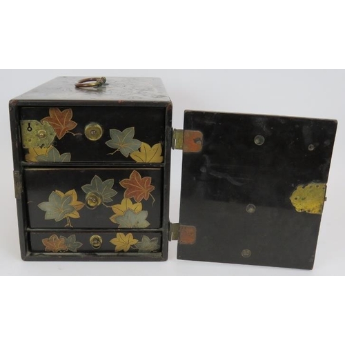 29 - A fine Japanese Meiji period lacquer calligrapher's chest of three drawers. The exterior ornately de... 