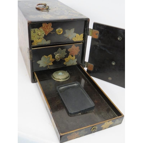 29 - A fine Japanese Meiji period lacquer calligrapher's chest of three drawers. The exterior ornately de... 