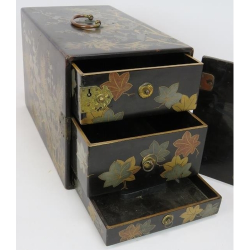 29 - A fine Japanese Meiji period lacquer calligrapher's chest of three drawers. The exterior ornately de... 