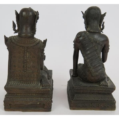 36 - A pair of antique Thai Rattanakosial style bronze figures, very finely cast male and female. Filled ... 