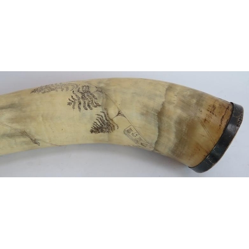 44 - A late 18th/early 19th Scrimshaw hunting horn with some later engraving and later silver mounts hall... 