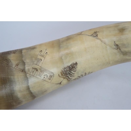 44 - A late 18th/early 19th Scrimshaw hunting horn with some later engraving and later silver mounts hall... 