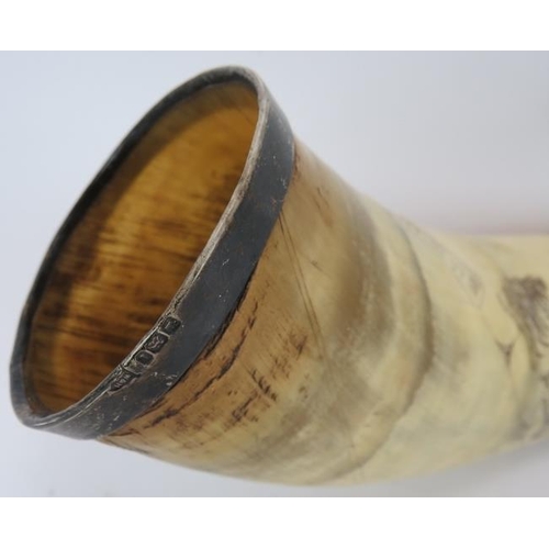 44 - A late 18th/early 19th Scrimshaw hunting horn with some later engraving and later silver mounts hall... 