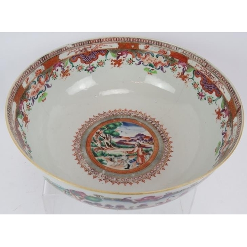 49 - A large 18th century Chinese porcelain bowl decorated in coloured enamels depicting European hunting... 