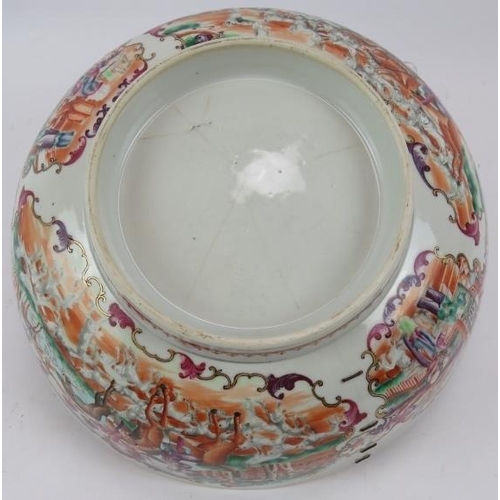 49 - A large 18th century Chinese porcelain bowl decorated in coloured enamels depicting European hunting... 