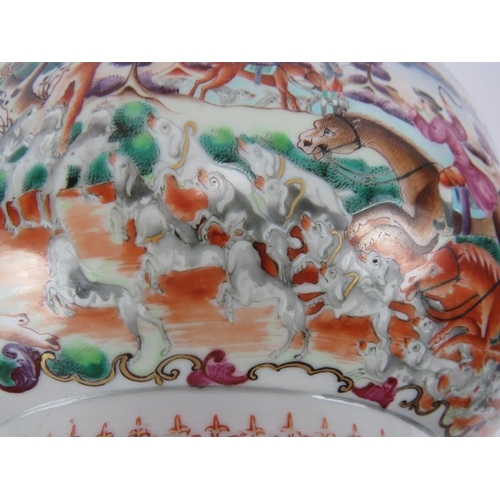 49 - A large 18th century Chinese porcelain bowl decorated in coloured enamels depicting European hunting... 