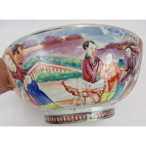 50 - A large 18th century Chinese porcelain bowl decorated in coloured enamels depicting Chinese figures ... 