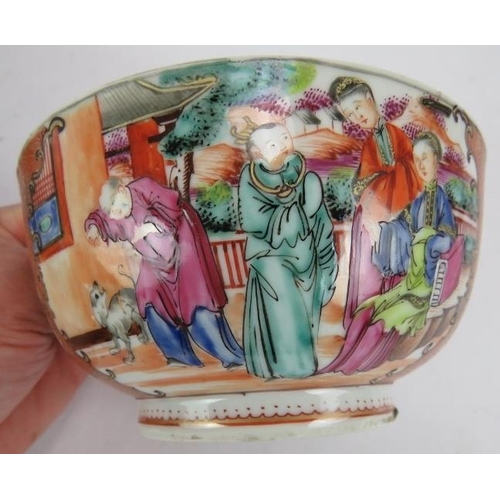 50 - A large 18th century Chinese porcelain bowl decorated in coloured enamels depicting Chinese figures ... 