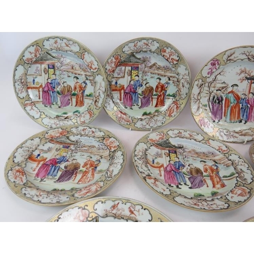 51 - A set of 9 18th century Chinese porcelain plates decorated with coloured enamel figurative panels wi... 