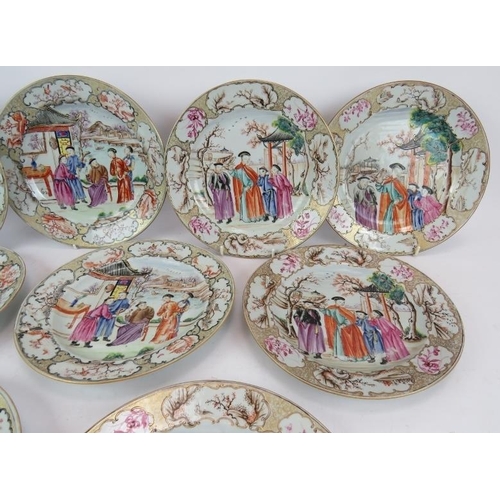 51 - A set of 9 18th century Chinese porcelain plates decorated with coloured enamel figurative panels wi... 