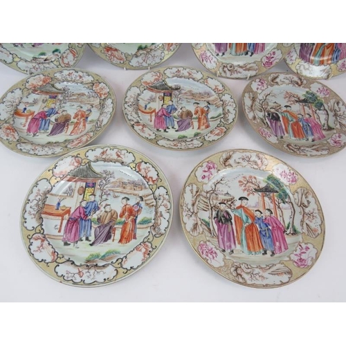 51 - A set of 9 18th century Chinese porcelain plates decorated with coloured enamel figurative panels wi... 