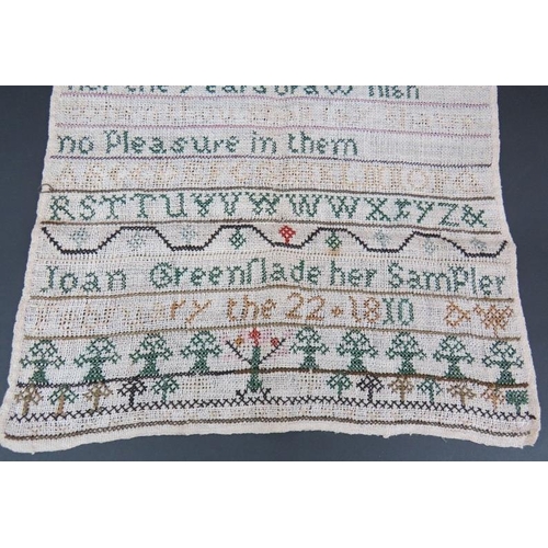 53 - An unframed Georgian needlework sampler dated 1810, a 19th century Christening gown, a lace collar, ... 