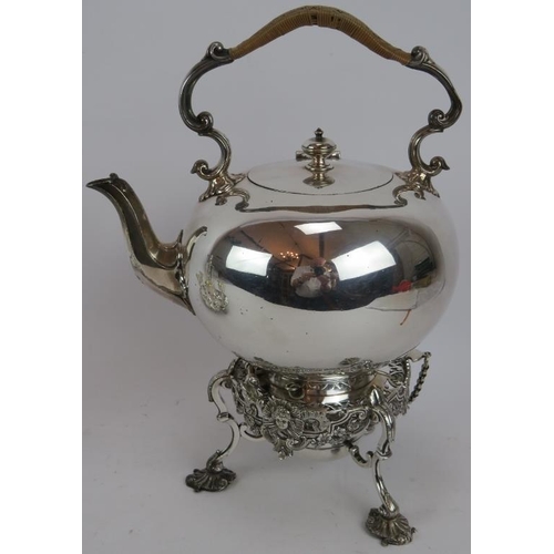 54 - A late Victorian silver plated spirit kettle by Martin Hall & Co and a six piece silver plated egg s... 