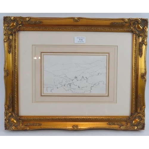 574 - British School (early/mid 20th century) - 'Hills and Cottages', pencil drawing, 14cm x 22cm, framed.... 