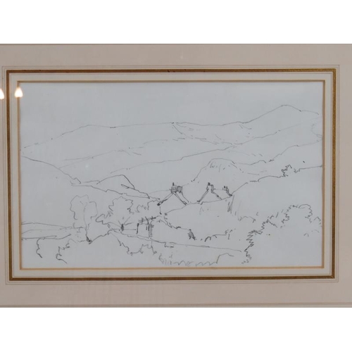 574 - British School (early/mid 20th century) - 'Hills and Cottages', pencil drawing, 14cm x 22cm, framed.... 