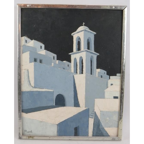 583 - Plant (20th century) - 'Spanish Church', oil on panel, 45cm x 35cm, framed.
Condition report: Surfac... 