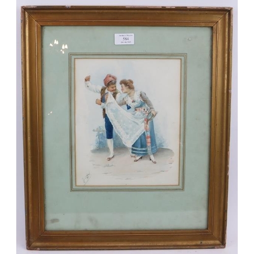 584 - Italian School (c.1900) - 'Couple dancing in traditional costumes', watercolour, indistinctly signed... 